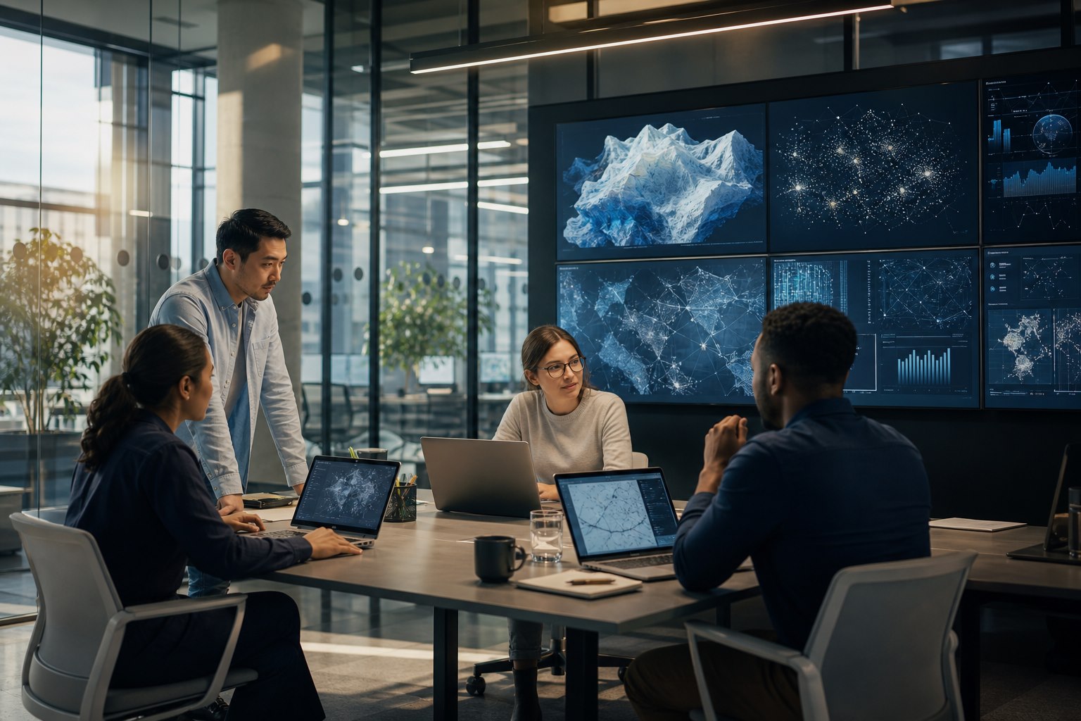 A diverse enterprise technology team collaborating around complex models and systems